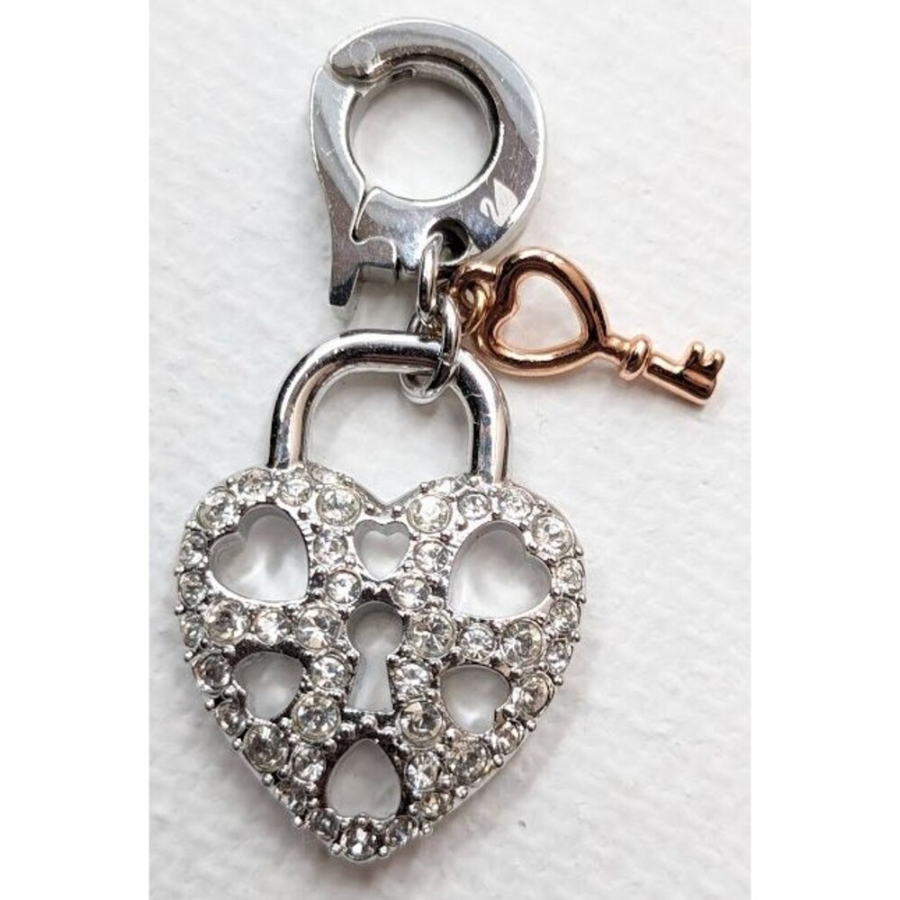 Swarovski Signed Bracelet Charm Crystal Heart Padlock Key Silver Rose Gold Tone